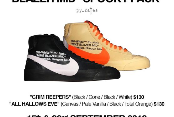 9月発売★ Off-White x Nike Blazer Mid “Grim Reepers”Black/Cone-Black-White : AA3832-001  Off-White x Nike Blazer Mid “All Hallows Eve”  Canvas/Pale Vanilla/Black-Total Orange : AA3832-700